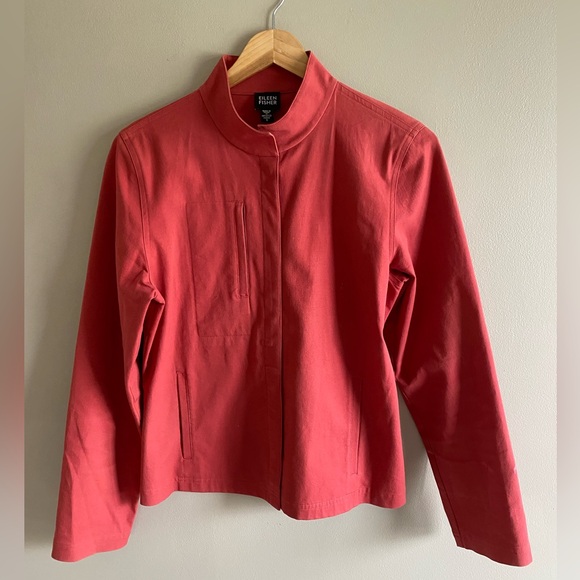 Eileen Fisher Small Red Jacket Military Asian Minimalistic Blouse Zip Up - Picture 1 of 15